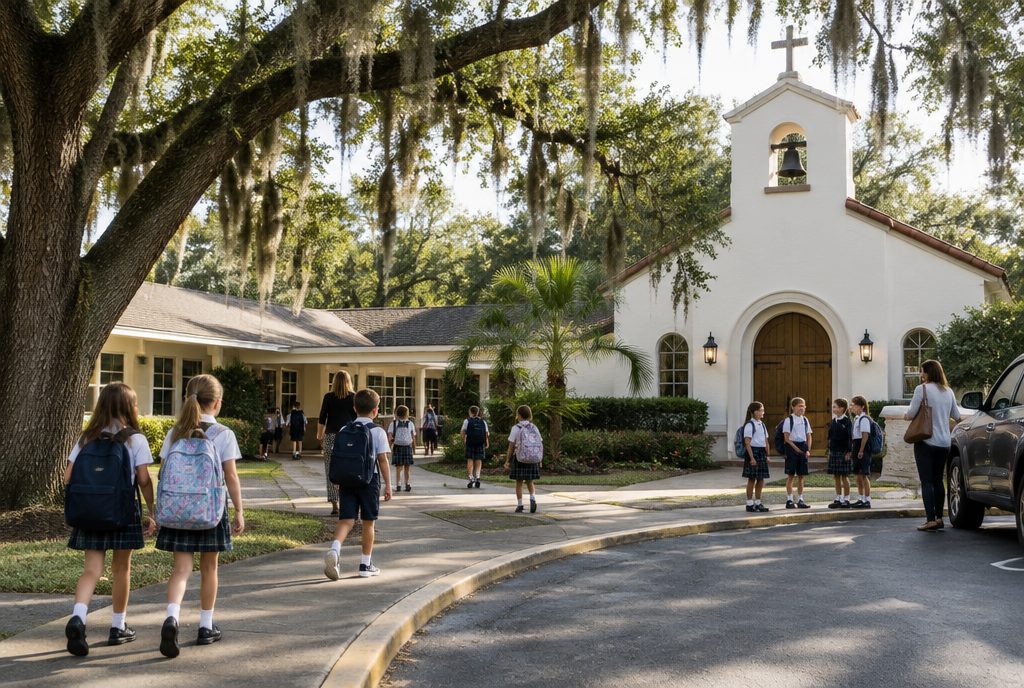 Children in uniforms walking from a church sanctuary to a school building across a shaded Orlando courtyard