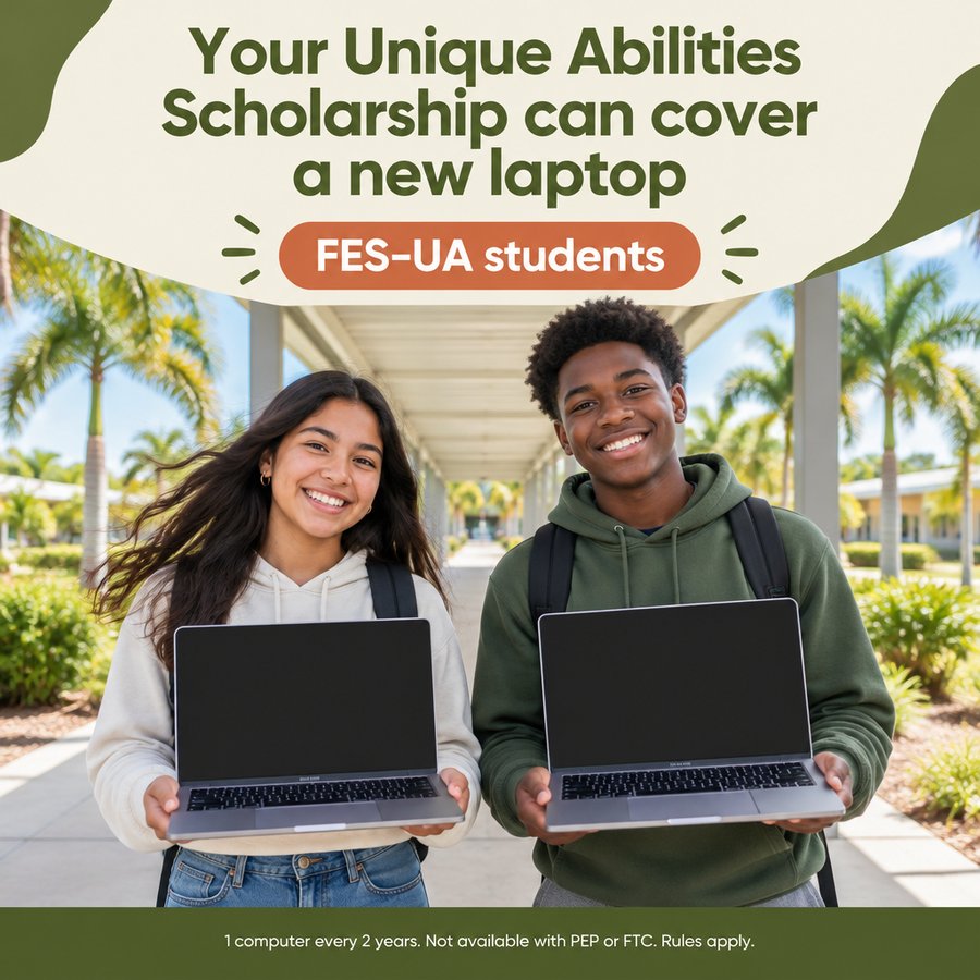 An Orlando student with a new laptop from a Florida Unique Abilities Scholarship account