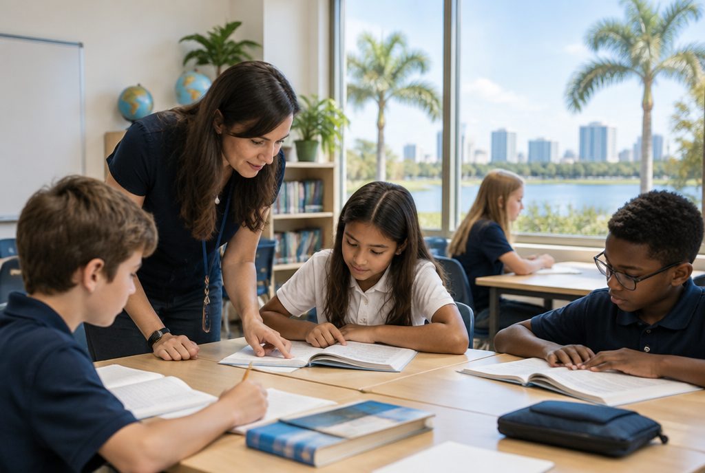 A teacher kneeling beside two students at a worktable in a bright Orlando private school classroom