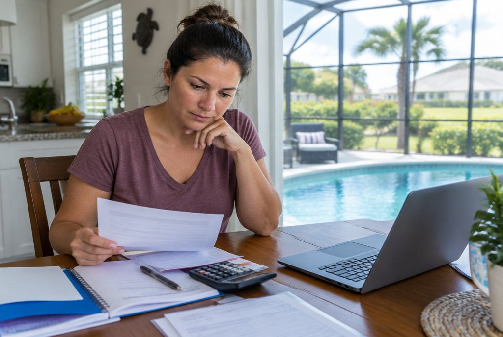 An Orlando couple at a kitchen table comparing private school tuition quotes with a scholarship award letter and a laptop